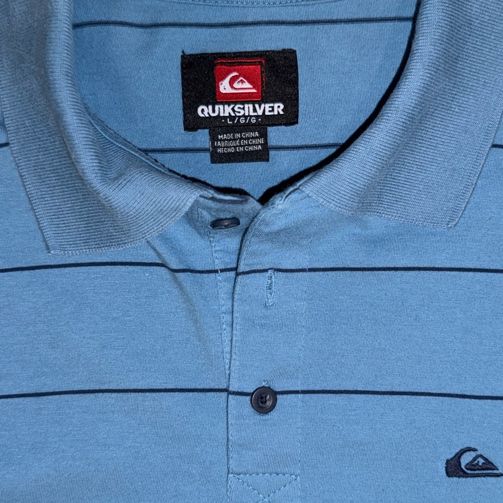 Quiksilver Men’s Polo Shirt Large Blue Striped Short Sleeve Surf Skate Casual - Picture 3 of 10